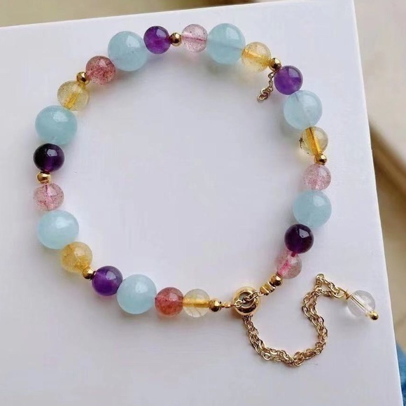 Multiple Gemstone Bracelet Aquamarine, Amethyst, Strawberry Quartz，Rutilated - Picture 1 of 7